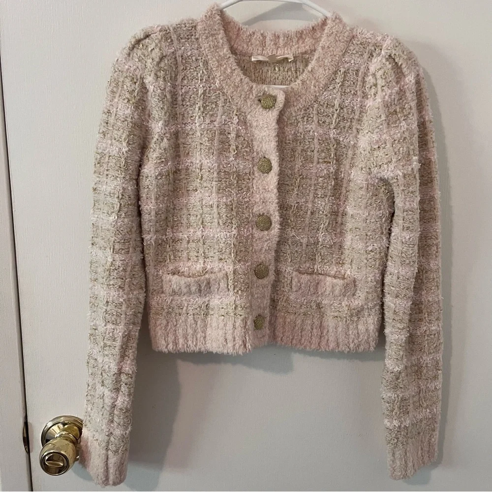 LoveShackFancy Set Saxson Cardigan Sweater & Bibi Skirt Plush Pink Cream Small